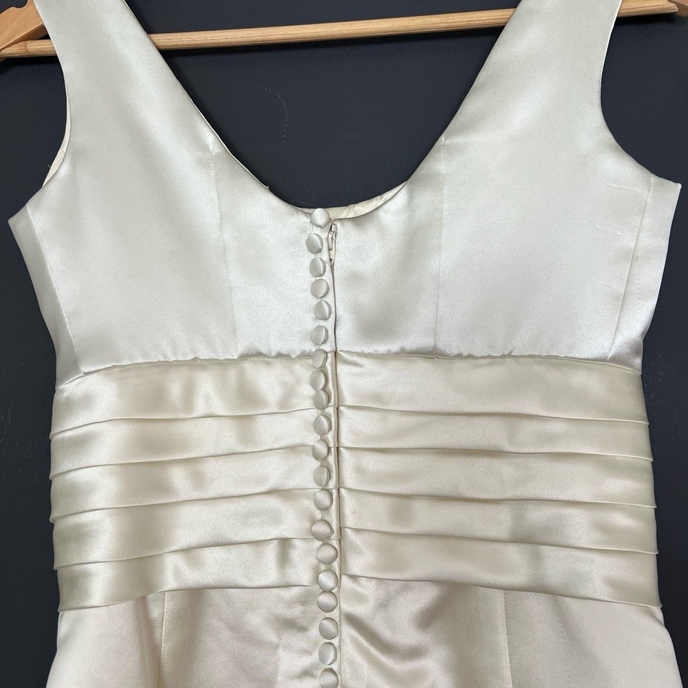 Womens Bridal Gown Cream Tea Length Satin Pleated Waist Elegant Minimalist Luxe - Picture 10 of 16